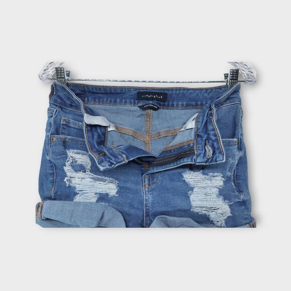 Womens Aeropostale High Rise Midi Distressed Blue Jean Shorts Size 8 - Picture 2 of 4